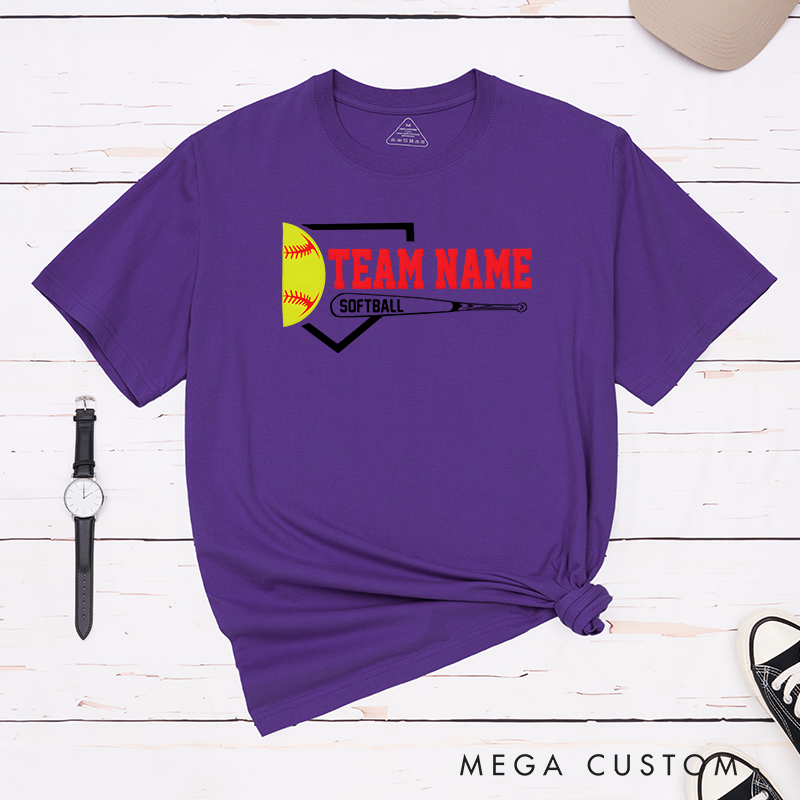 Personalized Softball Team T-Shirt Design Featuring Customizable Team Name Bold Home Plate Graphic Yellow Softball and Bat Element