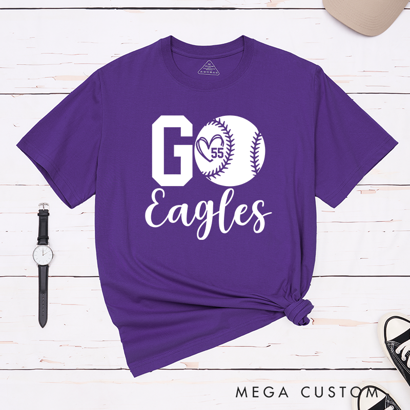 Personalized Softball Spirit T-Shirt Design Featuring Bold "Go" Text Team Name in Elegant Script Heart-Shaped Player Number Inside a Softball Graphic Perfect for Fans and Players