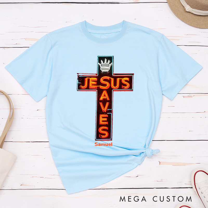 Personalized Jesus Saves Classic Cotton T-Shirt with Name Modern Neon Lights Style Cross Shirt Religious Gift for Christians
