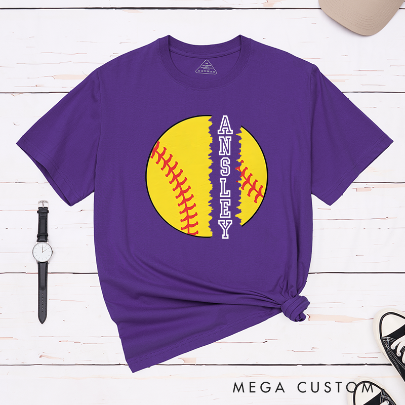 Personalized Softball T-Shirt Design Featuring Torn Softball Graphic and Customizable Vertical Name Text for a Bold and Unique Look