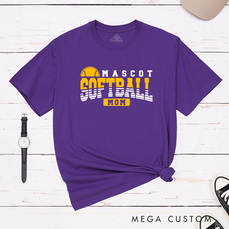 Personalized Softball Mom T-Shirt Design Featuring Custom Team Name Bold Gradient Typography Central Softball Graphic and Highlighted "Mom" Element