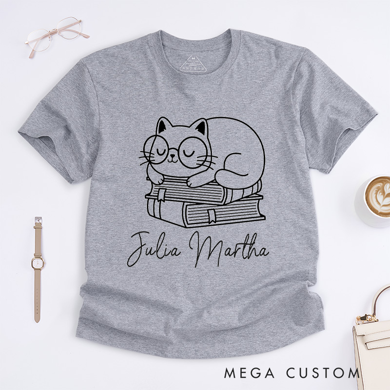 Personalized Books and Cat Classic T-Shirts Funny Cat Tee Funny Reading Shirt Cat Shirt Book Shirt Customized Name Shirt Gift for Books Lover