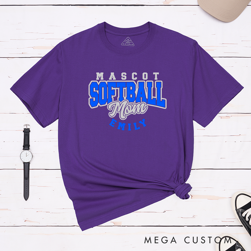 Personalized Softball Mom T-Shirt Design Featuring Custom Team Name Player Name Bold Typography and Stylish Script Accent
