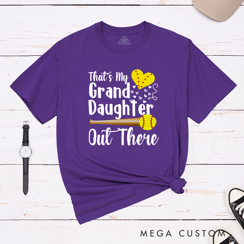 Personalized Softball Support T-Shirt Design Featuring Customizable Text for Granddaughter or Other Titles Bold Typography Heart-Shaped Stitching Graphic Softball Bat and Ball Elements