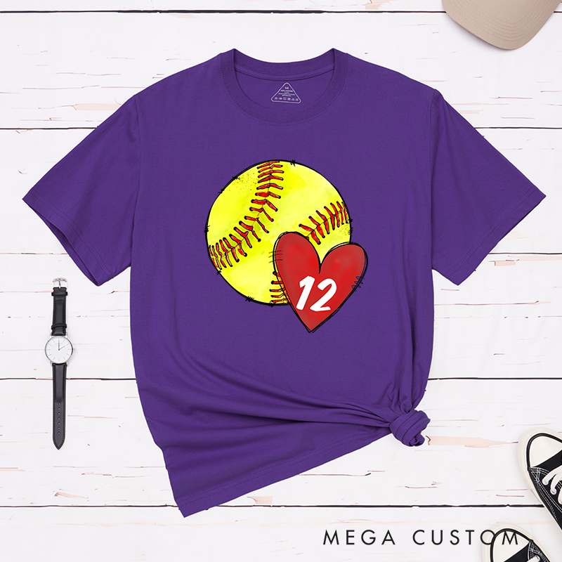Personalized Softball T-Shirt Design Featuring Hand-Drawn Softball Graphic Heart Element and Customizable Player Jersey Number for a Unique Supportive Look