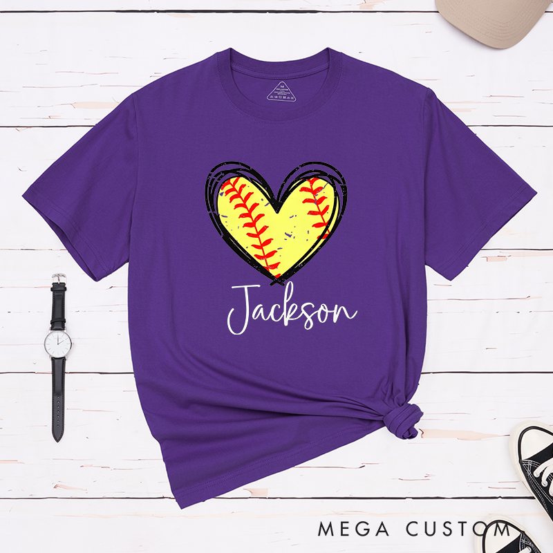 Personalized Softball Heart T-Shirt Design Featuring Custom Name and Vibrant Softball Stitching Graphic