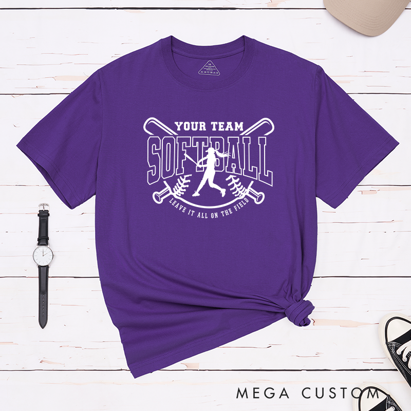 Softball Team T-Shirt Featuring Customizable Team Name Player Silhouette and Motivational Slogan Design