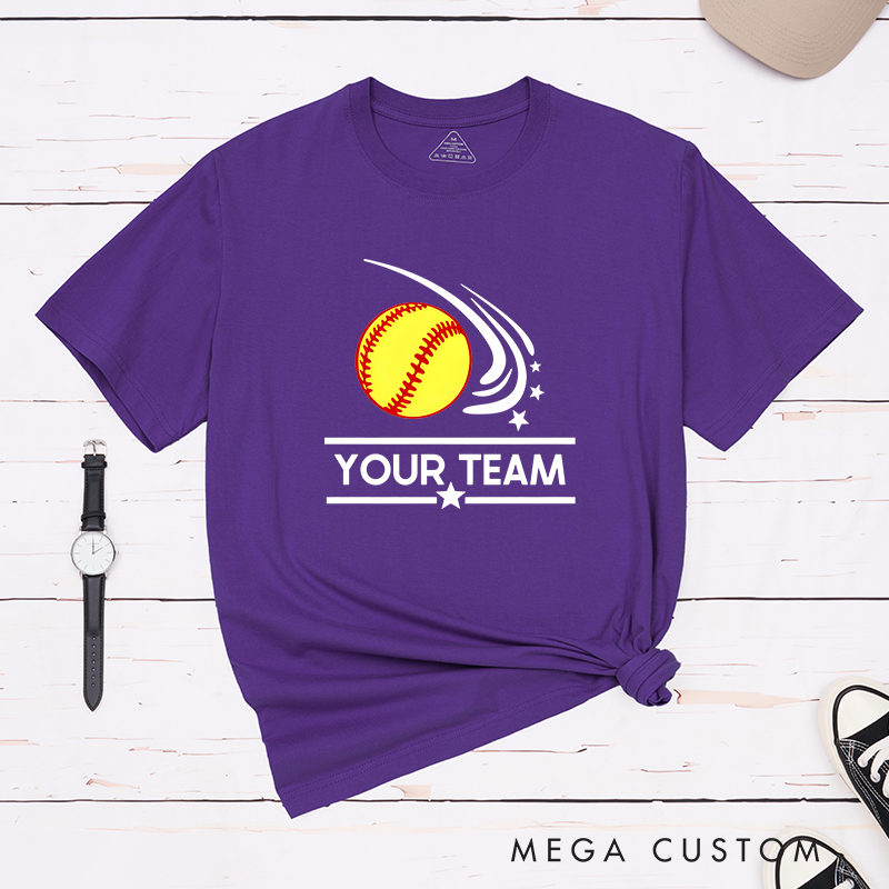 Personalized Softball Team T-Shirt Design Featuring Customizable Team Name Dynamic Softball Motion Graphic and Star Accents