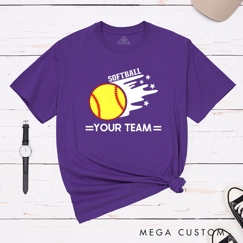 Personalized Softball Team T-Shirt Design Featuring Customizable Team Name Bold Motion Trail Graphic with Stars and Striking Softball Element
