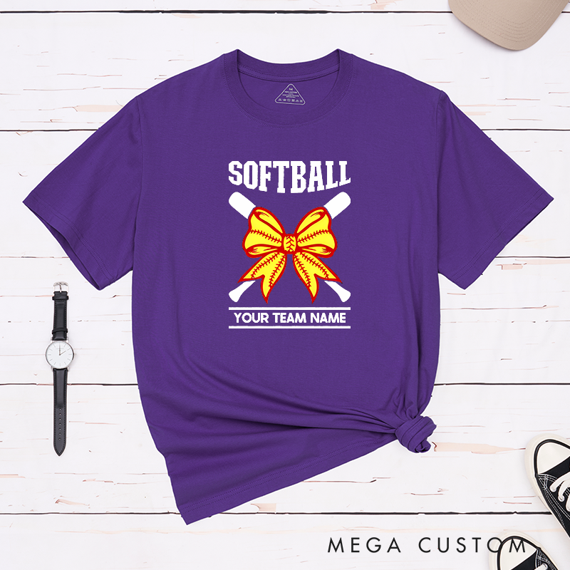 Personalized Softball Team T-Shirt Design Featuring Customizable Team Name Striking Softball Bow Graphic and Crossed Bats