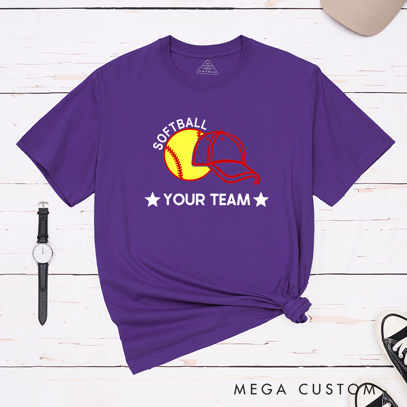 Personalized Softball Team T-Shirt Design Featuring Customizable Team Name Bold Softball Graphic and Baseball Cap Element