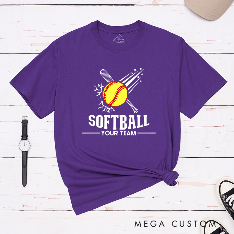 Personalized Softball Team T-Shirt Design Featuring Customizable Team Name Explosive Softball Graphic with Bat and Shooting Star Accents