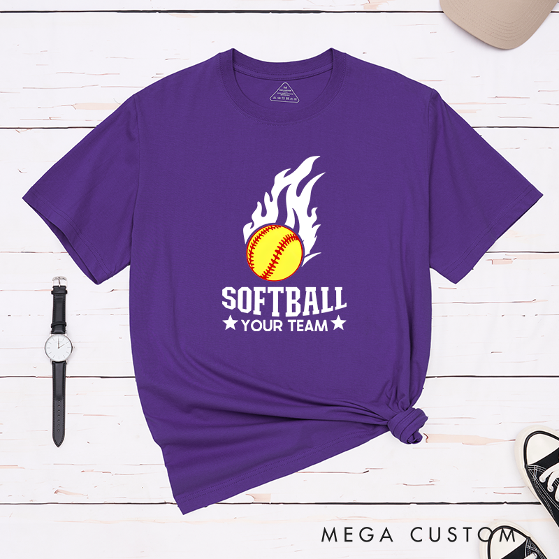 Personalized Softball Team T-Shirt Design Featuring Customizable Team Name Fiery Softball Graphic with Bold Star Accents