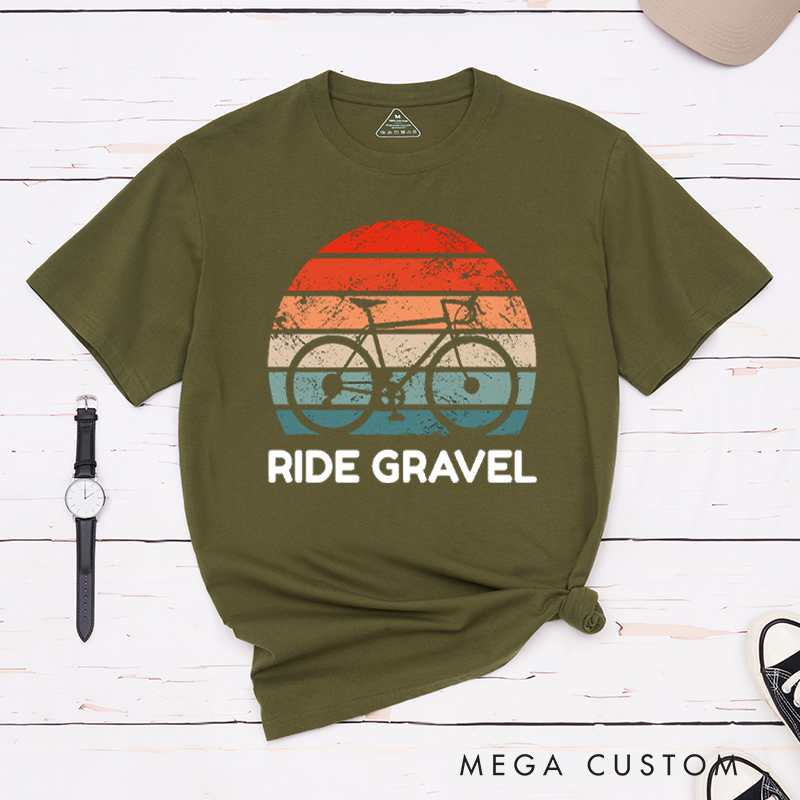 Personalized Ride Gravel Retro Cycling T-Shirt with a Gravel Bike Silhouette for Outdoor Adventures Riding Cycling Biking Enthusiasts
