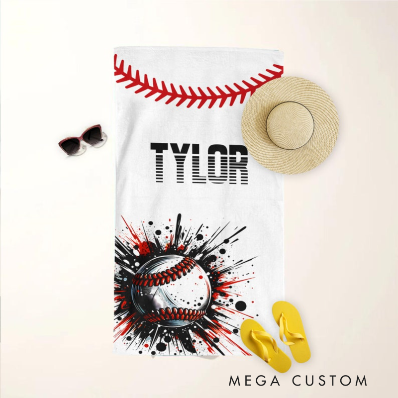 Personalized Baseball Beach Towel with Custom Name Number and Bold Baseball Design Perfect for Fans and Players