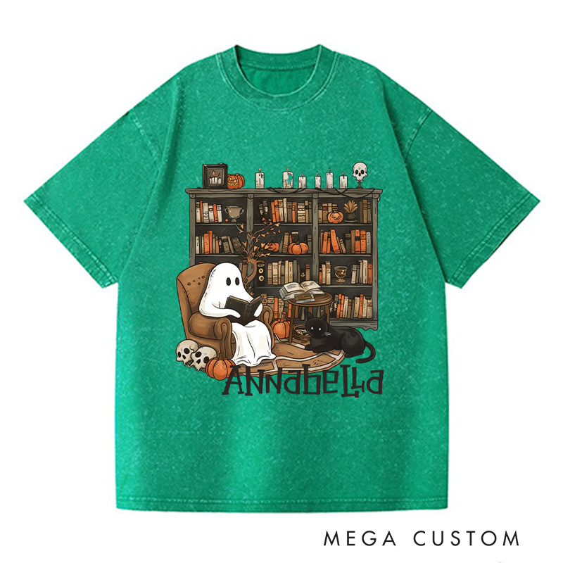 Personalized Retro Ghost Reading Books Washed T-Shirts Book Lover Shirt with Name Halloween Shirt Halloween Gifts Librarian Ghost Shirt