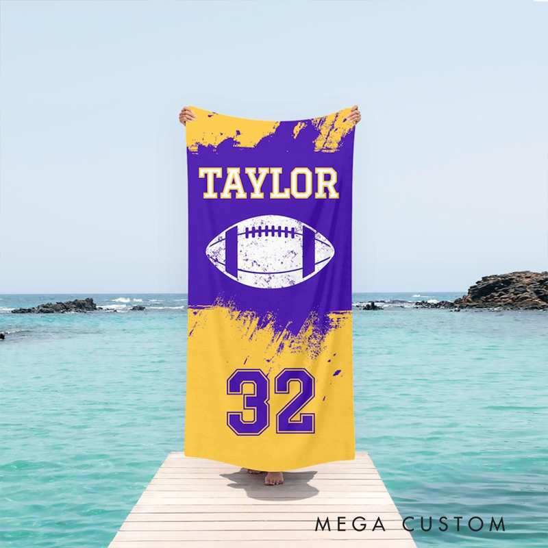 Personalized Football Beach Towel with Custom Name Number and Bold Dynamic Football Design Perfect for Fans Players and Outdoor Activities