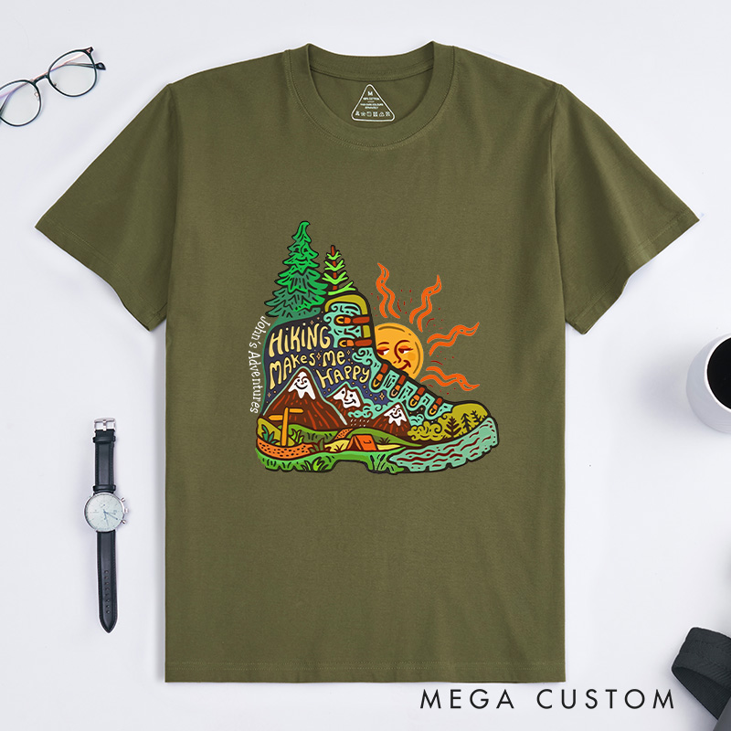 Personalized Hiking Makes Me Happy  T-Shirt Exploring Scenery Camping Adventure T-Shirt for Nature Travelers Outdoors Lover Gift