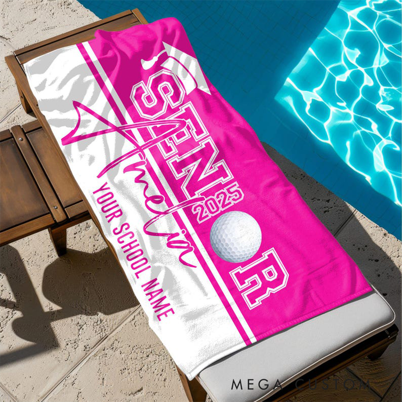 Personalized Senior 2025 Sports Beach Towel with Custom Name School Name Graduation Cap Design and Choice of Sports Ball