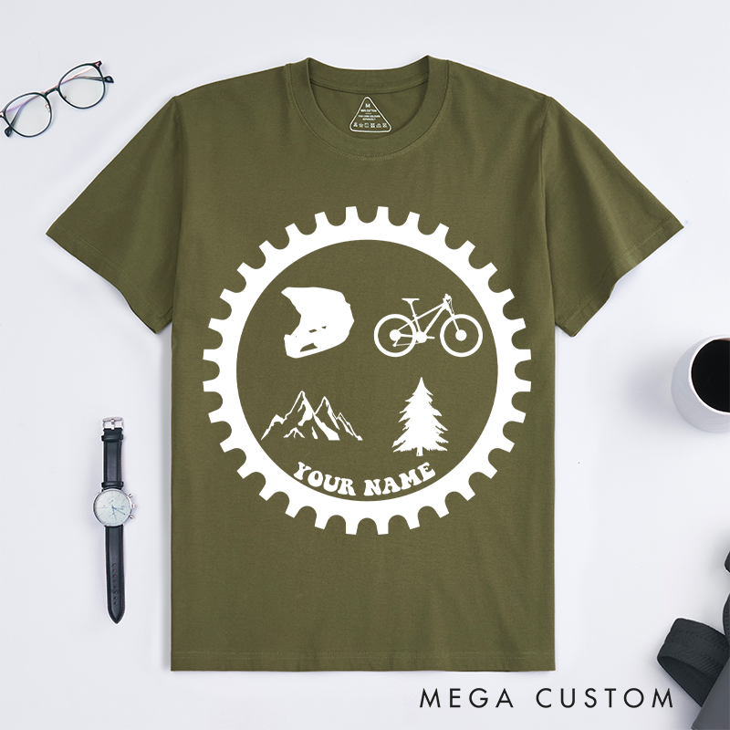 Personalized Mountain Biking Adventure T-Shirt with Mountain Helmet Bike Tree Graphics for Outdoor Adventures Riding Cycling Biking Enthusiasts