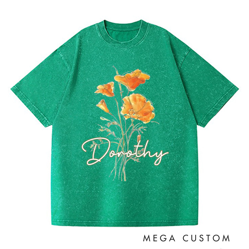 Personalized Golden Poppy Washed T-Shirts Wildflower Shirt Plant Lover Shirt Botanical Shirt California Poppy T shirt Gardening Lover Gift