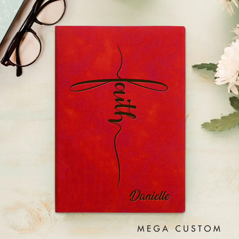 Personalized Faith with Cross Prayer Journal Leather A5 Notebook with Name Faith Notebook for Men Women Christmas Gift for Christian 