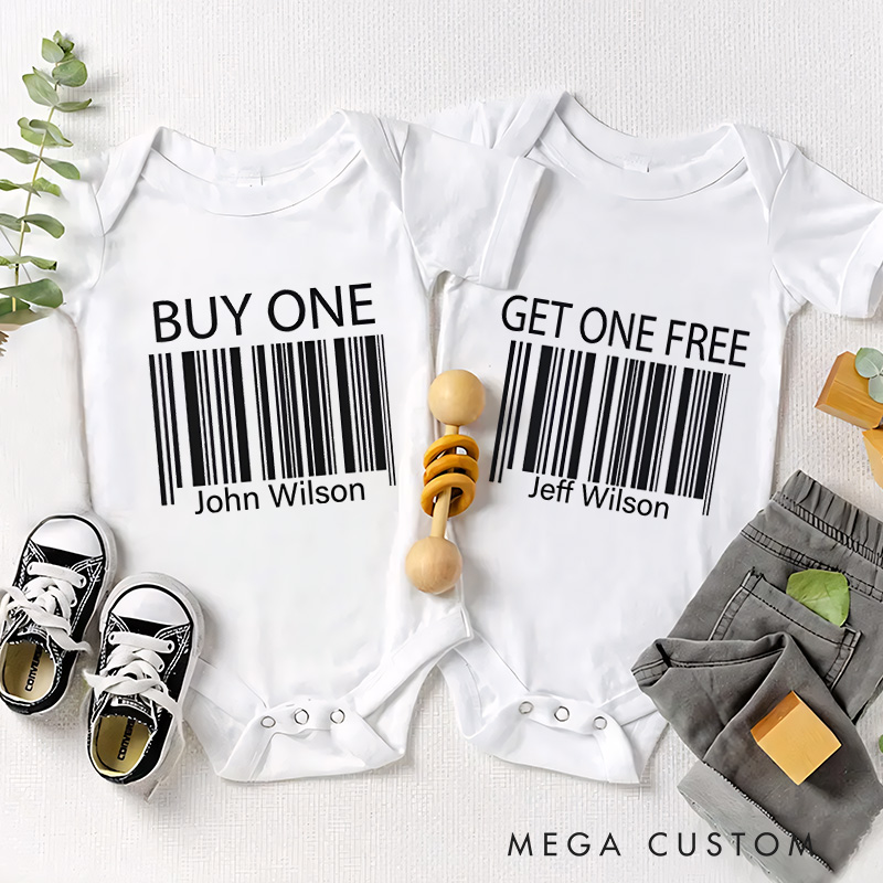Personalized Buy One Get One Free Clever Twin Humor Barcode Baby Twin Onesie