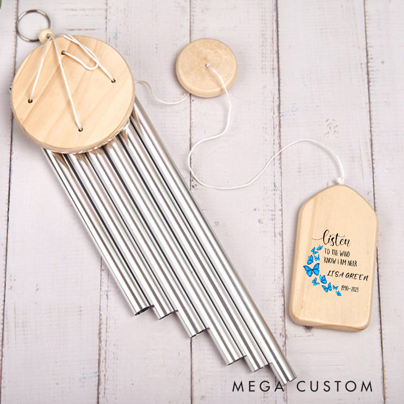 Personalized Wind Chimes Blue Butterfly Sympathy Chime in Loving Memory for Loss of Loved Dad Mom Memorial Condolences Gifts 33.46 Inch/25.6Inch