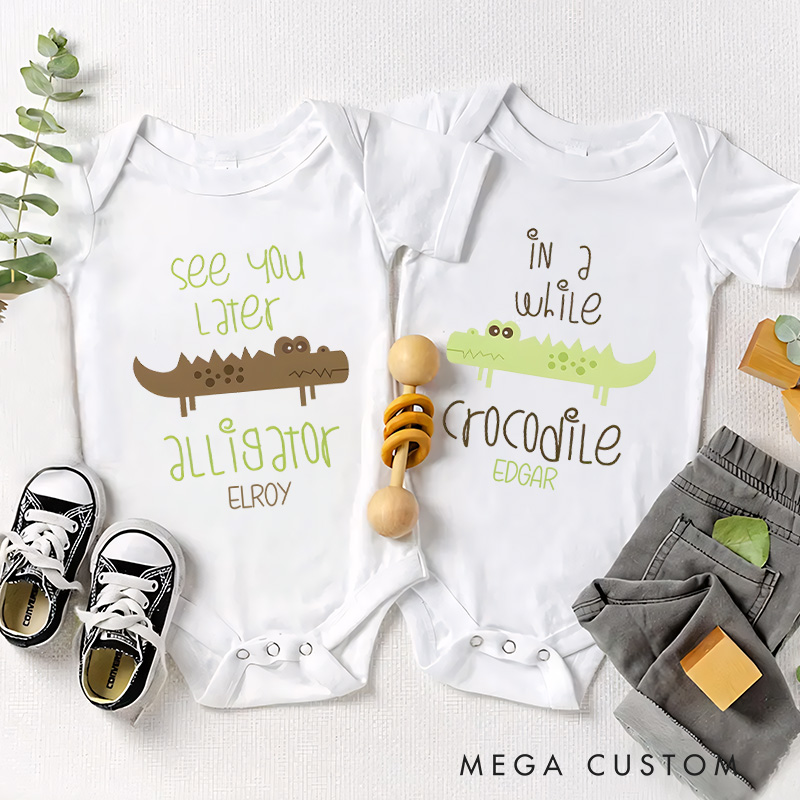Personalized See You Later In a While Alligator adding humor and fun to twin wardrobes with a cute crocodile graphic Baby Onesie