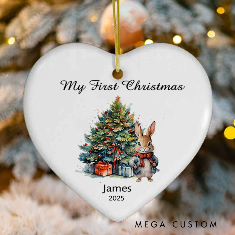 Personalized Holiday Bunny with Gifts and Christmas Tree Baby Christmas Ornament Baby Shower 1st Christmas Gift