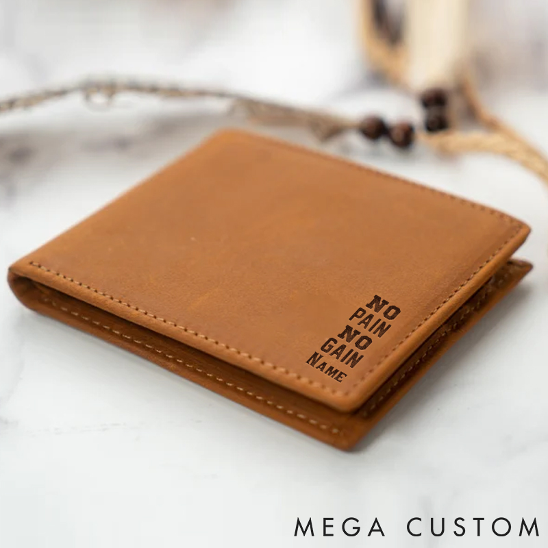 Personalized Fitness Leather Wallet with No Pain No Gain for Fitness Enthusiasts Bodybuilders and Gym Lovers