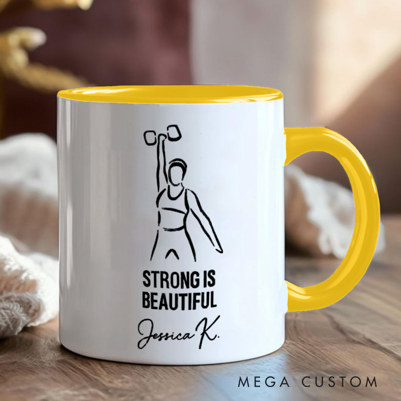 Personalized Fitness Mug Strong is Beautiful with Custom Name Gift Motivational Coffee Cup for Fitness Enthusiasts Bodybuilders and Gym Lovers