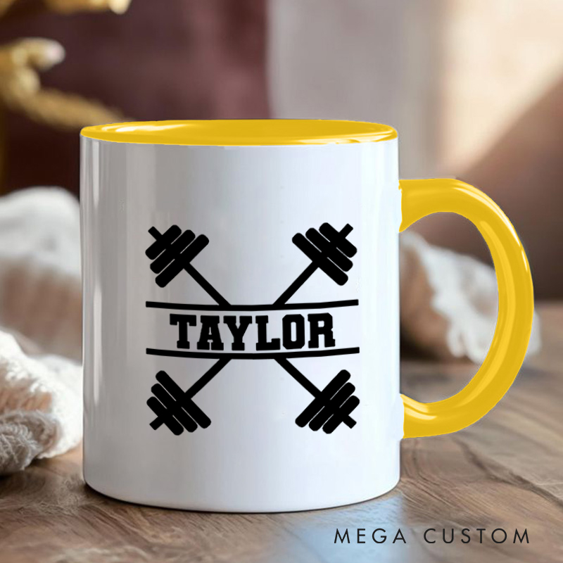 Personalized Fitness Mug with Crossed Dumbbell Design Gift Motivational Coffee Cup for Fitness Enthusiasts Bodybuilders and Gym Lovers