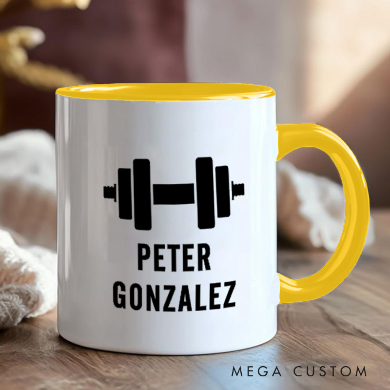 Personalized Fitness Mug with Dumbbell Graphic Gift Motivational Coffee Cup for Fitness Enthusiasts Bodybuilders and Gym Lovers