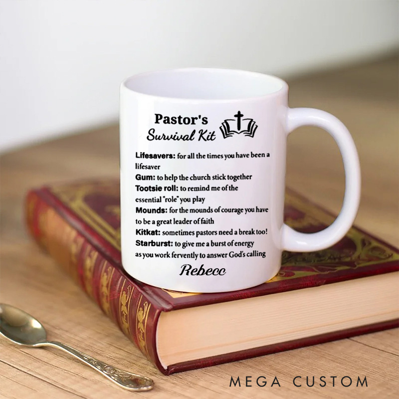Personalized Pastor's Survival Kit Ceramic Mug with Name Gift for Pastor Custom Coffee Cup Pastor Appreciation Gift Retirement Gift Anniversary Gift