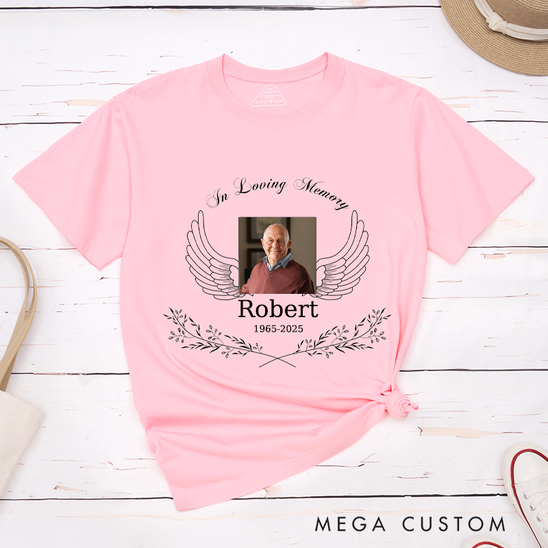 Personalized Angel Wings Memorial T-Shirt in Loving Memory Photo Shirt Rest in Peace Custom Sympathy Gift for Loss of A Loved One