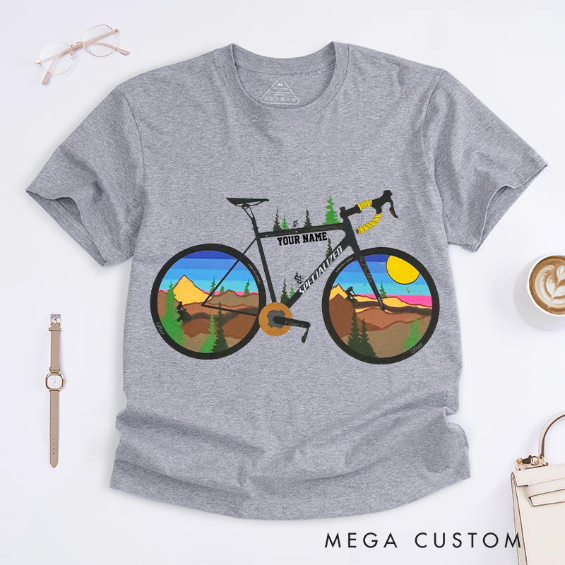 Personalized Scenic Bicycle T-Shirt with Vibrant Landscape Scenes in the Wheels for Outdoor Adventures Riding Cycling Biking Enthusiasts