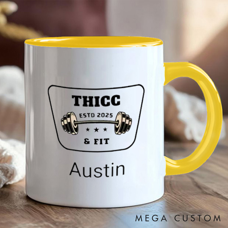 Personalized Thicc Fit Coffee Cup Mug with Dumbbell Graphic and Name Gift for Fitness Enthusiasts Bodybuilders and Gym Lovers