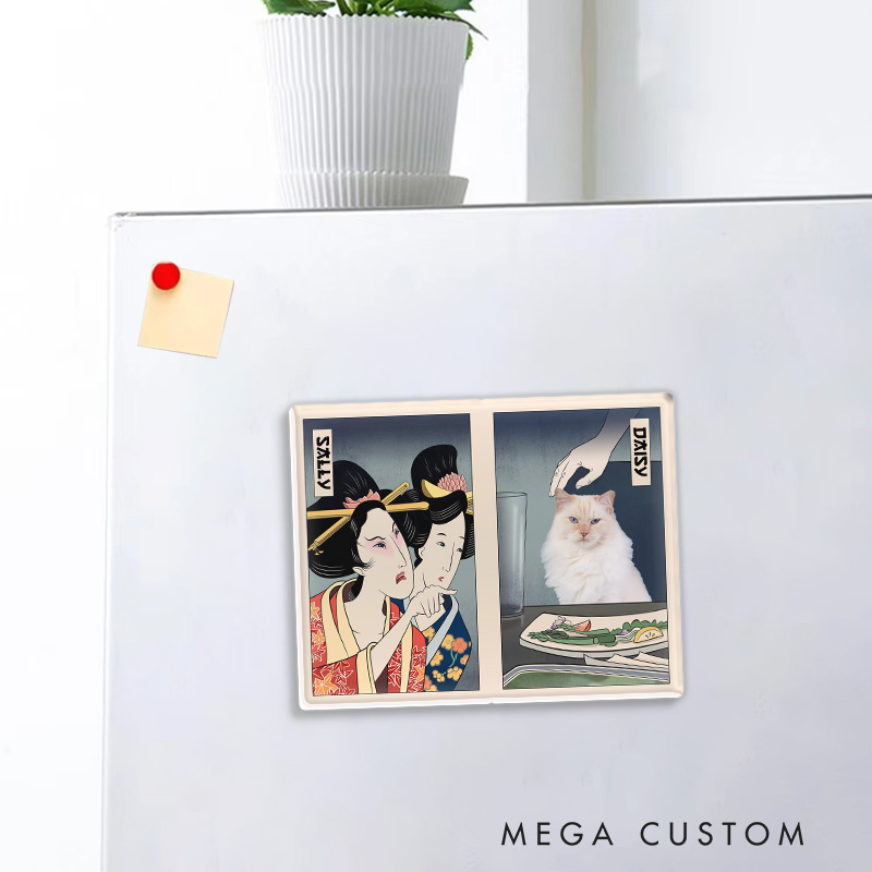 Personalized Woman Yelling at Cat Fridge Magnet Japanese Ukiyo-e style Magnets Cat Meme Kitchen Decor for Cat Mom Dad Japanese Lover Ukiyomemes