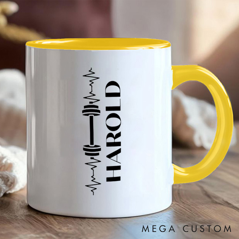 Personalized Workout Lover Coffee Cup Mug with Dumbbell and Heartbeat Design for Fitness Enthusiasts Bodybuilders and Gym Lovers