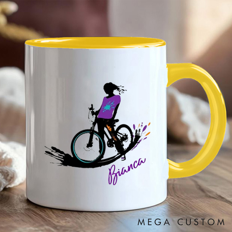 Personalized Cycling Coffee Cup Mug with Colorful Cyclist Illustration for Outdoor Adventures Riding Cycling Biking Enthusiasts