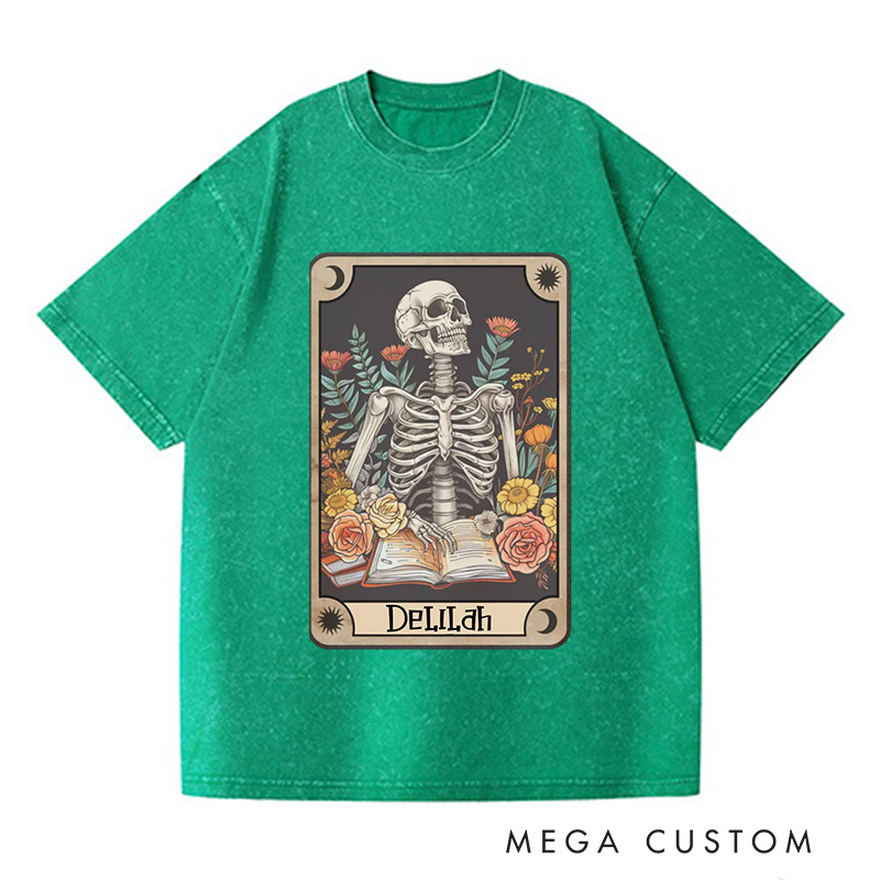 Personalized The Reader Tarot Card Washed T-Shirts Skeleton Reading Shirt Unisex Tarot Card Shirt Book Lover Gift Bookish Gift