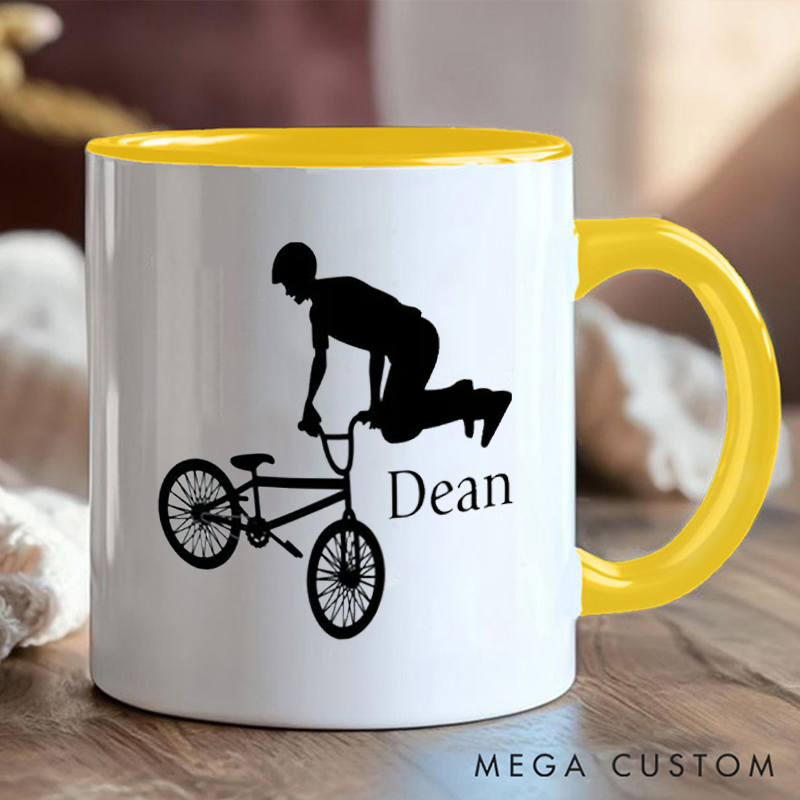 Personalized BMX Stunt Coffee Cup Mug with Stunt Rider Silhouette for Outdoor Adventures Riding Cycling Biking Enthusiasts