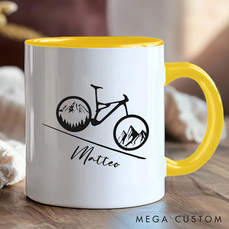 Personalized Mountain Bike Coffee Cup Mug with Scenic Bike Illustration for Outdoor Adventures Riding Cycling Biking Enthusiasts