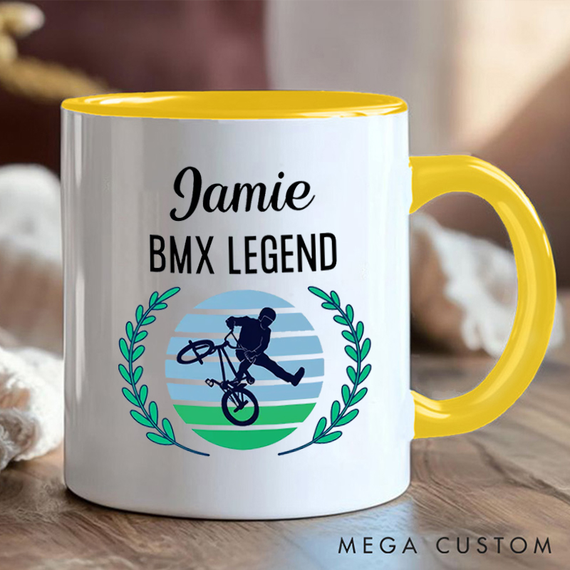 Personalized BMX Legend Coffee Cup Mug with Name and Stunt Design for Outdoor Adventures Riding Cycling Biking Enthusiasts