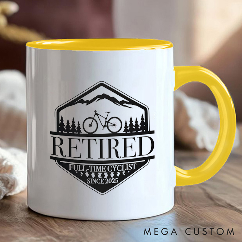 Personalized Retired Cyclist Coffee Cup Mug with Mountain Design for Outdoor Adventures Riding Cycling Biking Enthusiasts