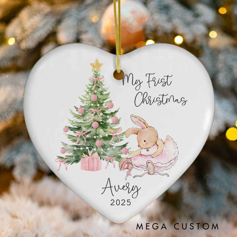 Personalized Heart Shaped Bunny and Tree Baby's First Christmas Ornament