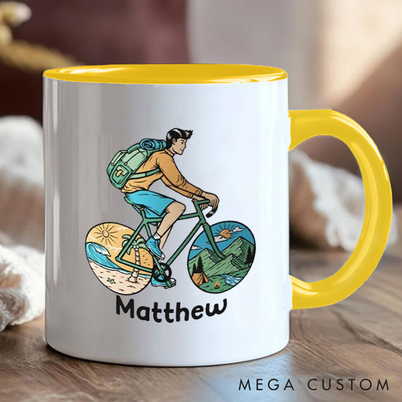Personalized Adventure Cycling Coffee Cup Mug with Colorful Outdoor Illustration for Outdoor Adventures Riding Cycling Biking Enthusiasts