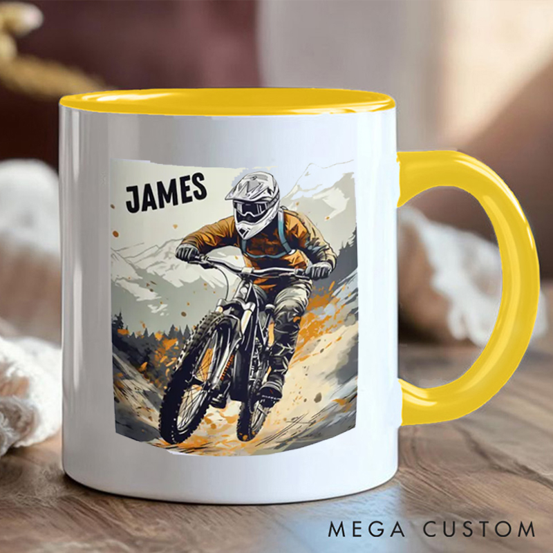 Personalized Mountain Biking Coffee Cup Mug with Downhill Biker for Outdoor Adventures Riding Cycling Biking Enthusiasts