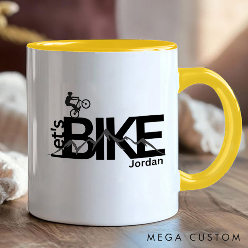 Personalized Lets Bike Coffee Cup Mug with Cyclist and Mountain Art for Outdoor Adventures Riding Cycling Biking Enthusiasts